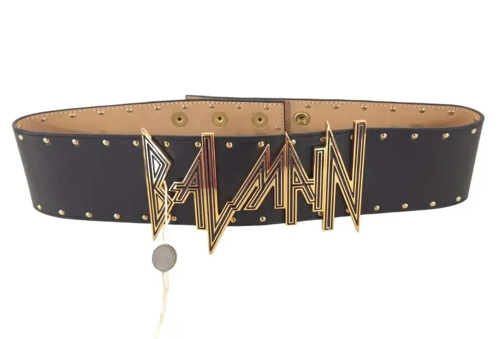 Balmain Statement Logo Lion Head Stud Leather Belt US XS FR 34 Womens Black Gold